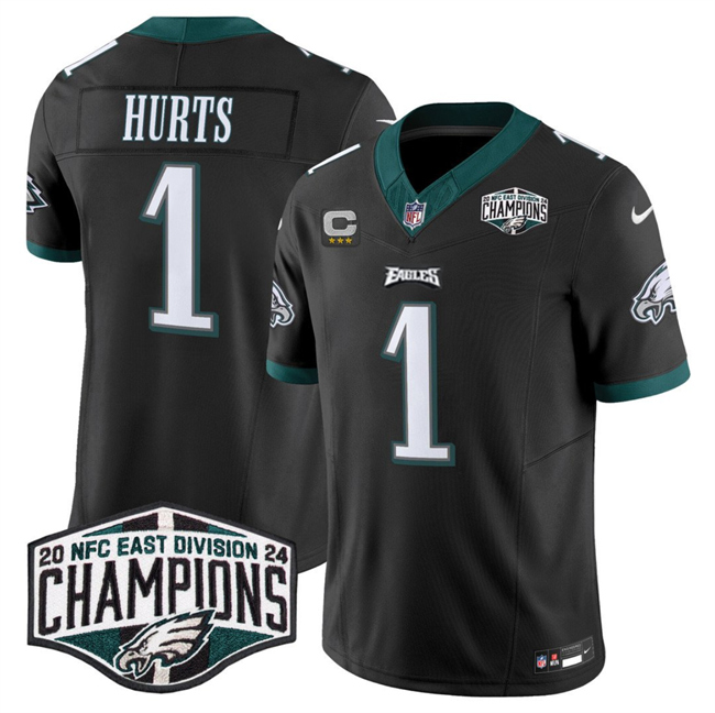 Men's Black Philadelphia Eagles #1 Jalen Hurts 2024 NFC East Champions With 4-Star C Patch F.U.S.E. Vapor Untouchable Limited Stitched Football Jersey